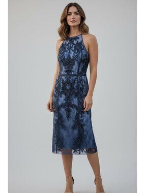 Andrea & Leo Couture Navy Beaded Lace Cocktail Dress NWT Size 10 Midi Formal